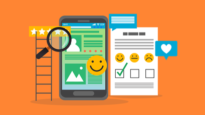 FeedbackDokumentation Leiter die zu einer Bewertungsleiste mit Sternen führt. Daneben ist ein Smartphone und eine ToDo-Liste mit einer Smiley-Bewertung und diversen Sprechblasen (Grafik)