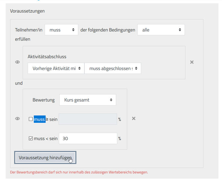 Einstellungen zu Voraussetzungen zum Anzeigen interaktiver Aufgaben auf mebis.